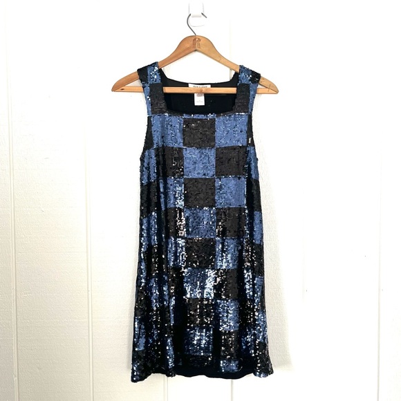 Alice + Olivia Dresses & Skirts - Alice + Olivia Black and Blue Sequin Mini Dress Small Check Checkerboard Pattern